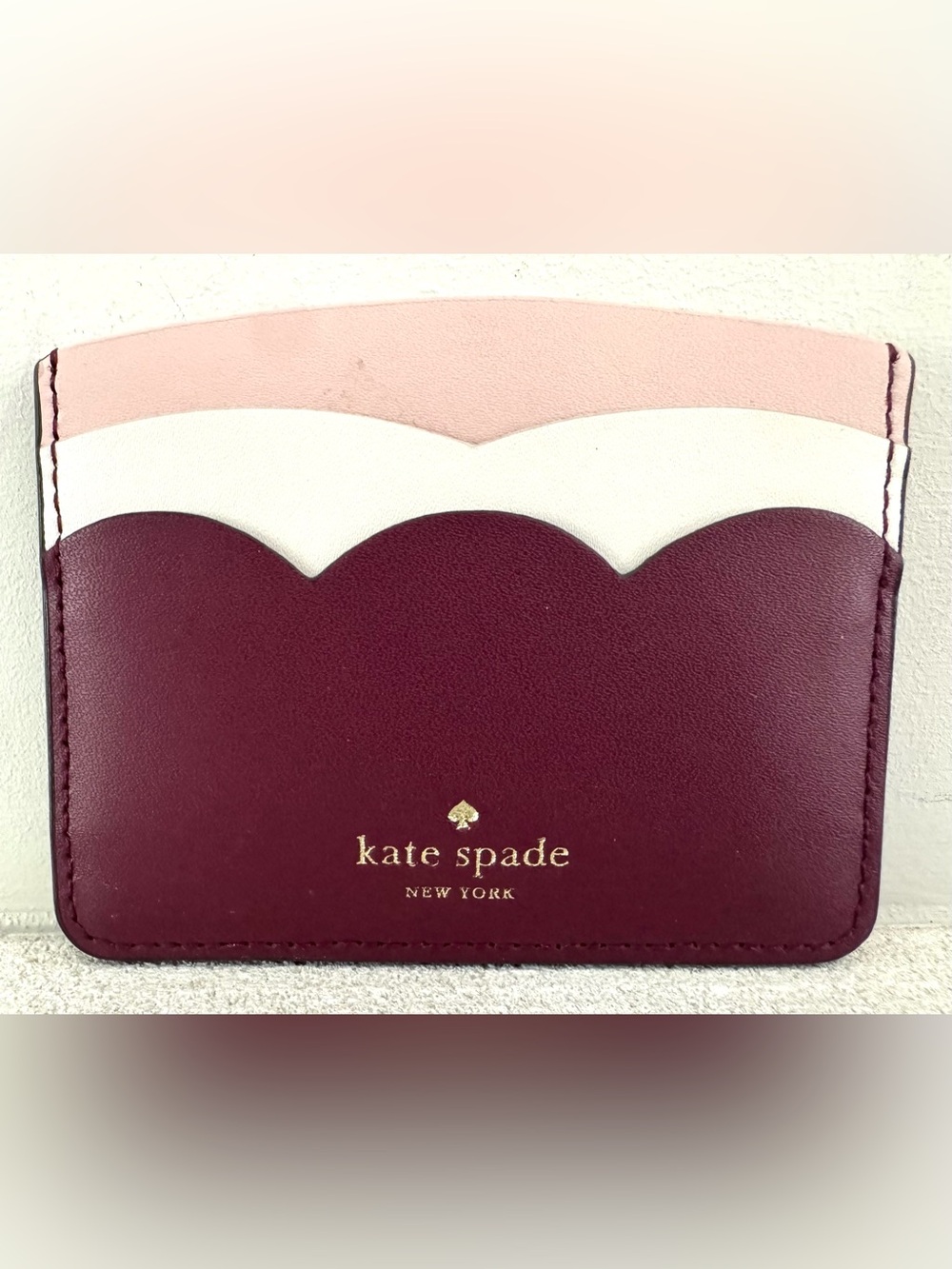 KATE SPADE NWT Scalloped Leather Card Holder Burgundy Pink NEW